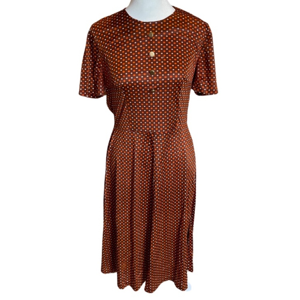 Vintage 70s Brown & Orange Polka Dot Sheath Dress / Medium to Large / M-L